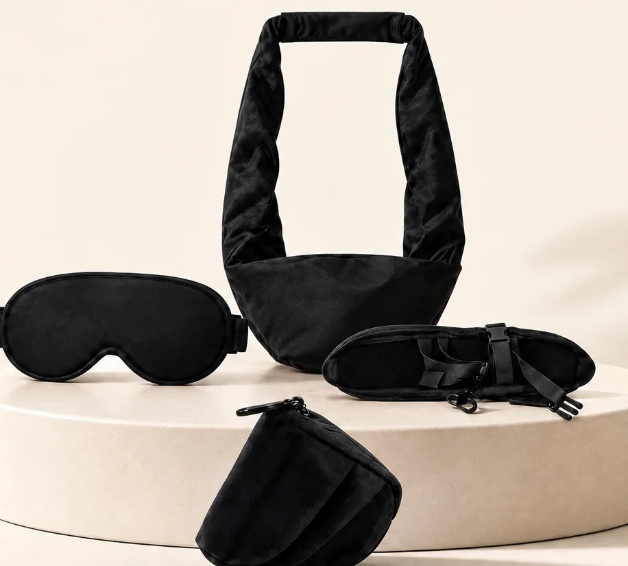 Travelnest travel sleep kit with eye mask, headrest support, soft arm wrap and pouch